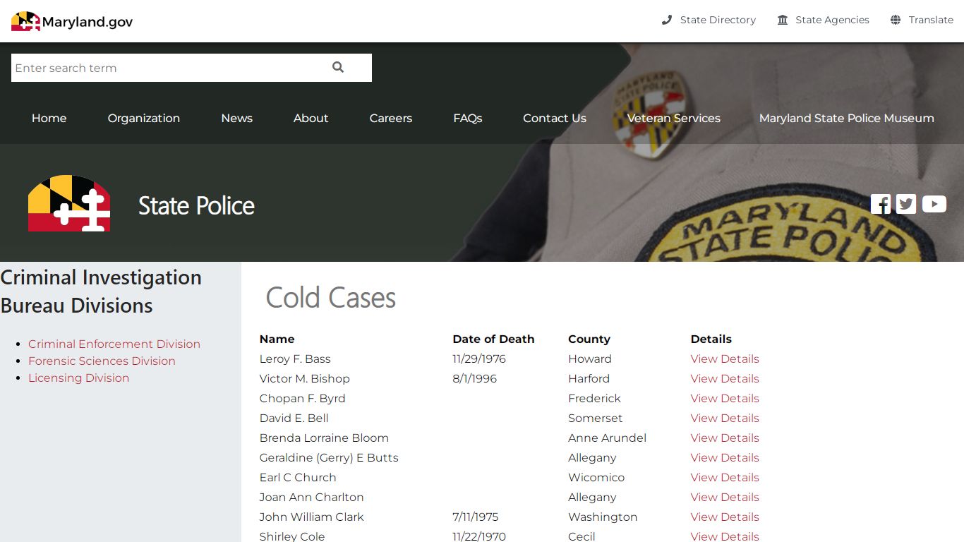 Cold Cases - Maryland State Police
